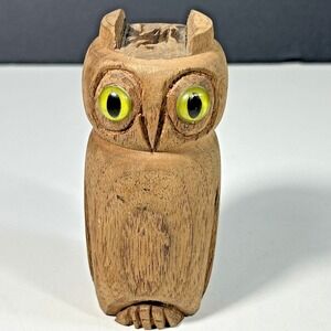 Vtg Hand Carved Owl Figurine Wood Sculpture Folk Art Statue Bug Eyes